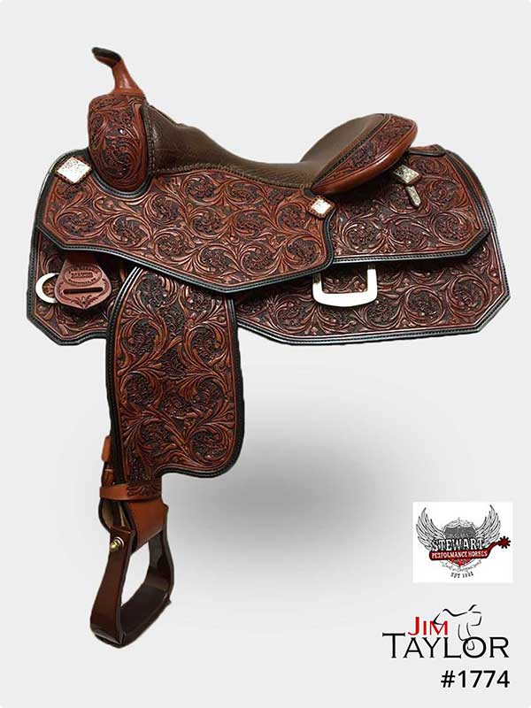 Red Brown coloured western reining saddle with floral tooling